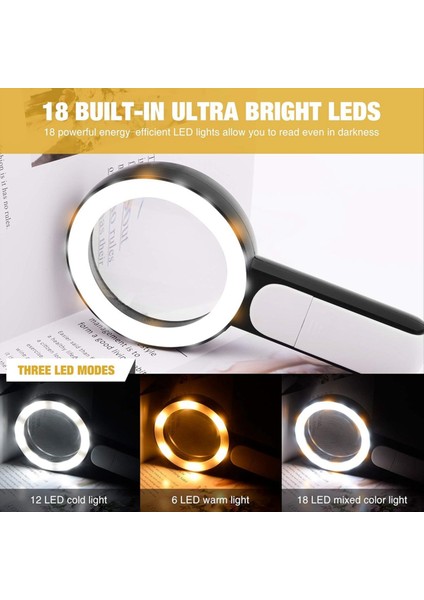 Hafif, 30X El Tipi Büyük 18LED Soğuk ve Sıcak Işık ile Büyüteç 3 Modlu, Aydınlatılmış Büyüteç (Yurt Dışından) fiyatları