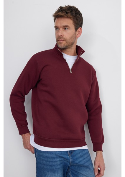 Unisex Relax Fit Rahat Kesim Pamuklu İçi Polarlı Yarım Fermuarlı Bordo Dik Yaka Sweatshirt