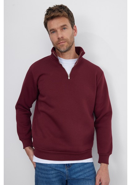 Unisex Relax Fit Rahat Kesim Pamuklu İçi Polarlı Yarım Fermuarlı Bordo Dik Yaka Sweatshirt fiyatları