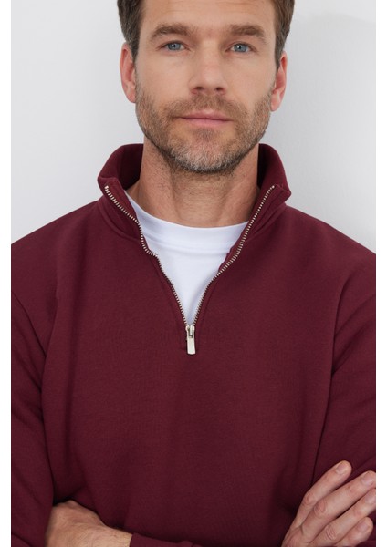 Unisex Relax Fit Rahat Kesim Pamuklu İçi Polarlı Yarım Fermuarlı Bordo Dik Yaka Sweatshirt modelleri