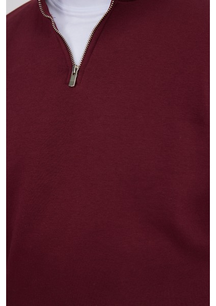 Unisex Relax Fit Rahat Kesim Pamuklu İçi Polarlı Yarım Fermuarlı Bordo Dik Yaka Sweatshirt fırsatları