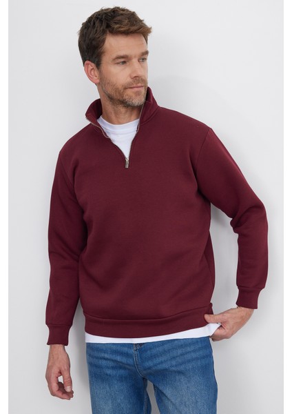 Unisex Relax Fit Rahat Kesim Pamuklu İçi Polarlı Yarım Fermuarlı Bordo Dik Yaka Sweatshirt indirimleri