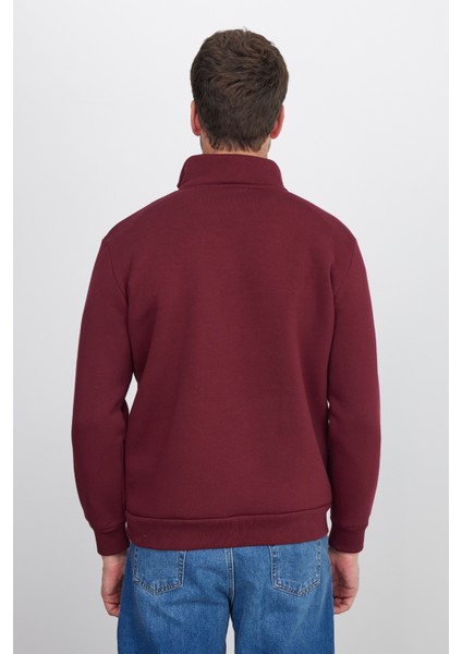 Unisex Relax Fit Rahat Kesim Pamuklu İçi Polarlı Yarım Fermuarlı Bordo Dik Yaka Sweatshirt