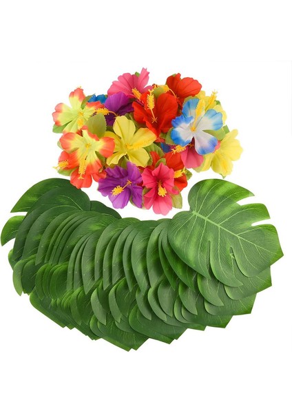 60 Adet Tropikal Palmiye Yaprağı ve Hibiskus Çiçeği (Yurt Dışından)
