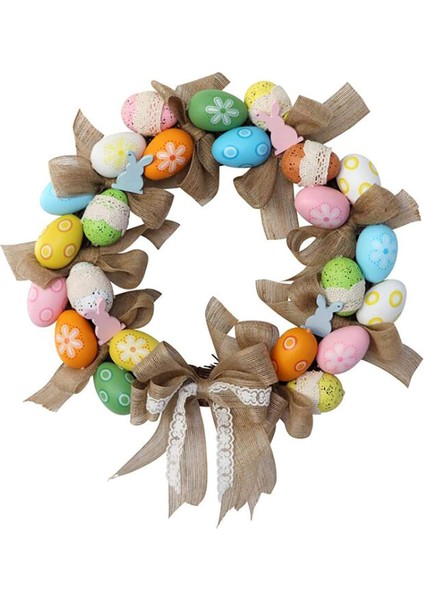 40CM Keten Kurdeleli ve Fiyonklu Paskalya Yumurtası Çelengi - Yapay Çiçek Turna (Yurt Dışından)