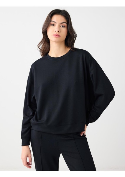 Siyah Uzun Kollu Bisiklet Yaka Modal Örme Sweatshirt