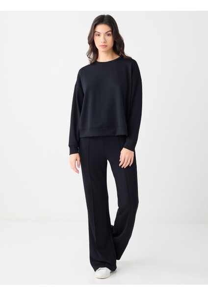 Siyah Uzun Kollu Bisiklet Yaka Modal Örme Sweatshirt fiyatları