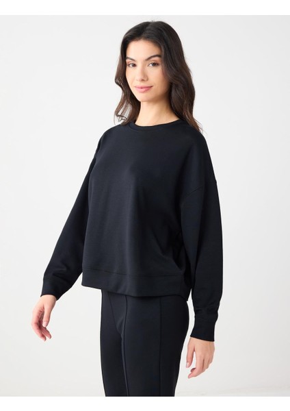 Siyah Uzun Kollu Bisiklet Yaka Modal Örme Sweatshirt modelleri