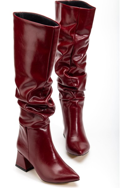 SYT-2002 Bordo Kırışık Rugan Körüklü Kalın Topuklu Günlük Bayan Çizme