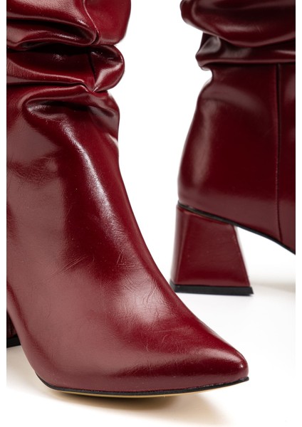 SYT-2002 Bordo Kırışık Rugan Körüklü Kalın Topuklu Günlük Bayan Çizme fiyatları