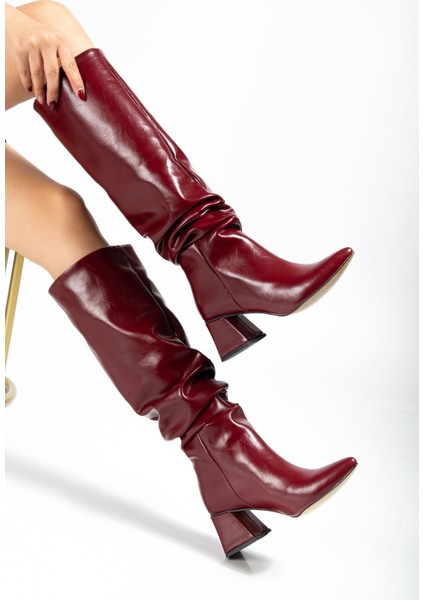 SYT-2002 Bordo Kırışık Rugan Körüklü Kalın Topuklu Günlük Bayan Çizme fırsatları