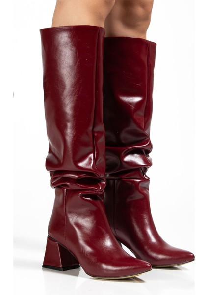 SYT-2002 Bordo Kırışık Rugan Körüklü Kalın Topuklu Günlük Bayan Çizme indirimleri