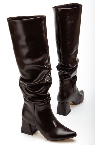 SYT-2002 Kahve Kırışık Rugan Körüklü Kalın Topuklu Günlük Bayan Çizme indirimleri