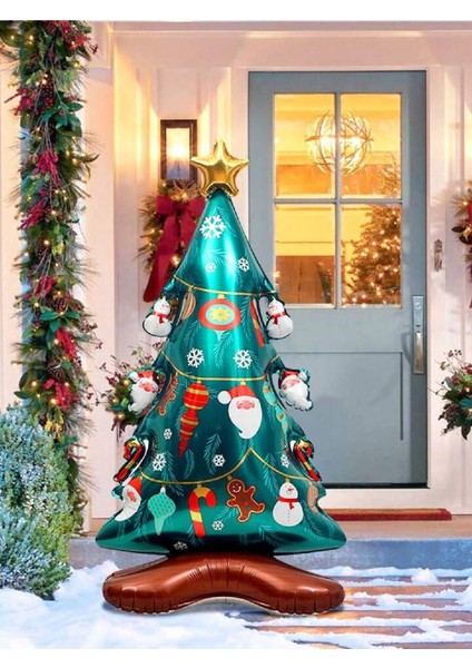 Yeşil Çam Ağacı ve Kardan Adam Desenli Yılbaşı Folyo Balon Süsü