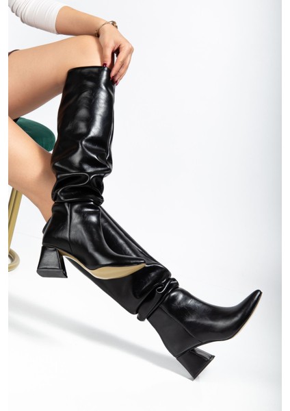 SYT-2002 Siyah Kırışık Rugan Körüklü Kalın Topuklu Günlük Bayan Çizme