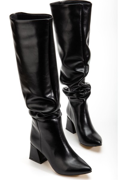 SYT-2002 Siyah Kırışık Rugan Körüklü Kalın Topuklu Günlük Bayan Çizme fırsatları