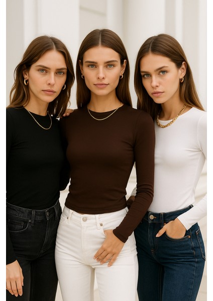 Kadın Siyah-Beyaz-Kahverengi 3'lü Paket Bisiklet Yaka Esnek Kumaşlı Vücuda Oturan Slim Fit Uzun Kollu Crop Body fiyatları