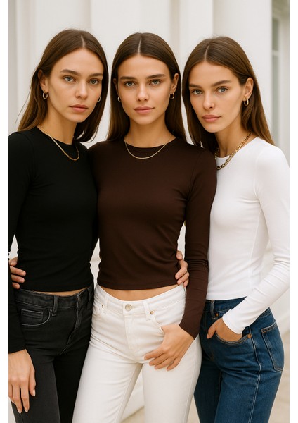 Kadın Siyah-Beyaz-Kahverengi 3'lü Paket Bisiklet Yaka Esnek Kumaşlı Vücuda Oturan Slim Fit Uzun Kollu Crop Body modelleri