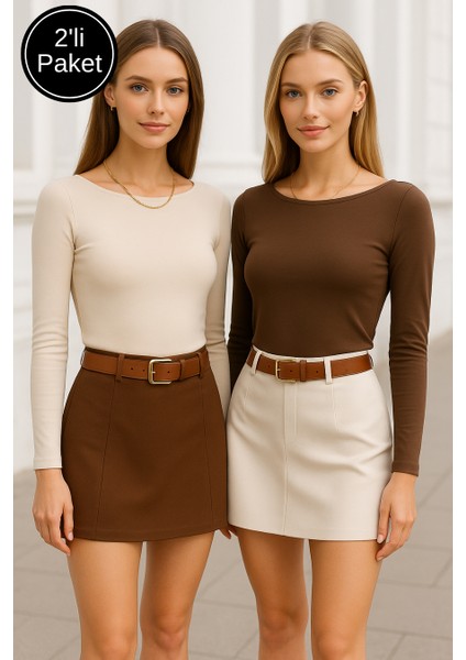 Kadın Kahve-Krem 2'li Paket Kayık Yaka Uzun Kollu Bluz