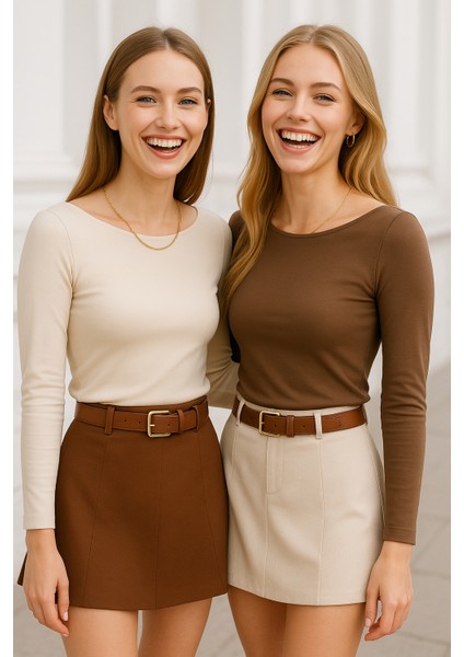 Kadın Kahve-Krem 2'li Paket Kayık Yaka Uzun Kollu Bluz fiyatları