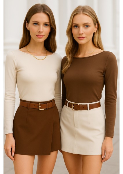 Kadın Kahve-Krem 2'li Paket Kayık Yaka Uzun Kollu Bluz fırsatları