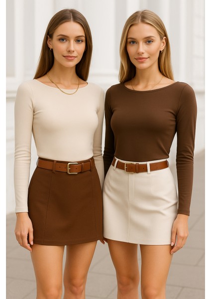 Kadın Kahve-Krem 2'li Paket Kayık Yaka Uzun Kollu Bluz indirimleri