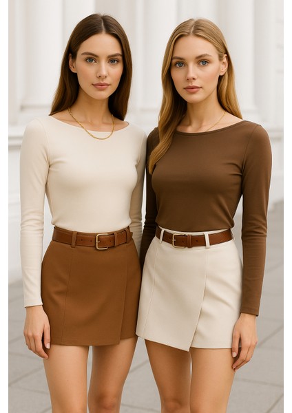 Kadın Kahve-Krem 2'li Paket Kayık Yaka Uzun Kollu Bluz