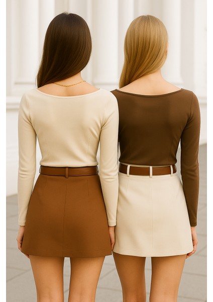 Kadın Kahve-Krem 2'li Paket Kayık Yaka Uzun Kollu Bluz