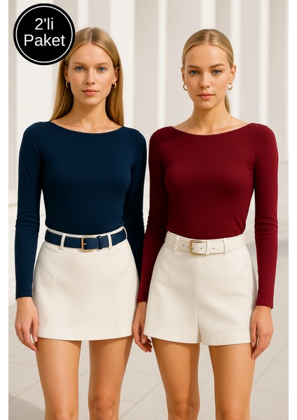 Kadın Bordo-Lacivert 2'li Paket Kayık Yaka Uzun Kollu Bluz