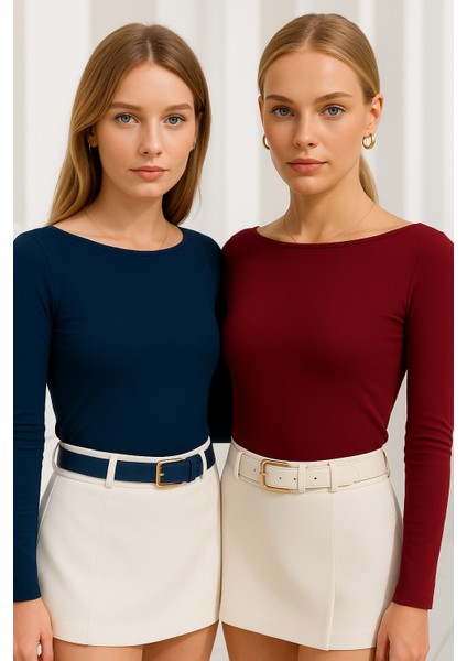Kadın Bordo-Lacivert 2'li Paket Kayık Yaka Uzun Kollu Bluz fiyatları