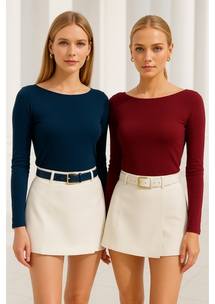 Kadın Bordo-Lacivert 2'li Paket Kayık Yaka Uzun Kollu Bluz modelleri