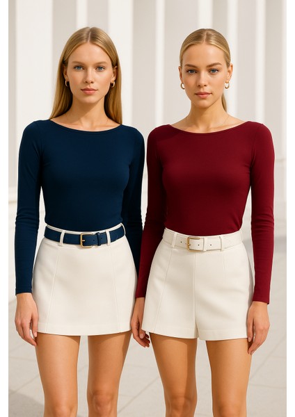 Kadın Bordo-Lacivert 2'li Paket Kayık Yaka Uzun Kollu Bluz fırsatları