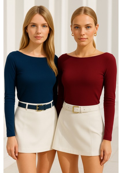 Kadın Bordo-Lacivert 2'li Paket Kayık Yaka Uzun Kollu Bluz indirimleri