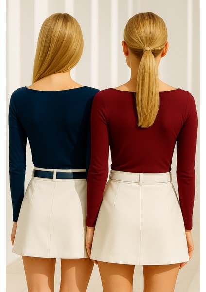 Kadın Bordo-Lacivert 2'li Paket Kayık Yaka Uzun Kollu Bluz