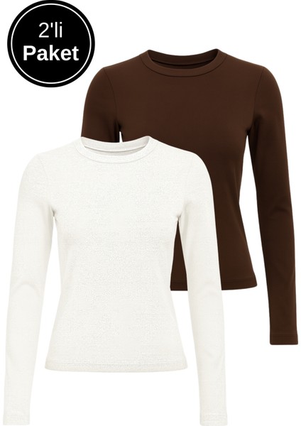 Kadın Beyaz-Kahverengi 2'li Paket Bisiklet Yaka Esnek Kumaşlı Vücuda Oturan Slim Fit Uzun Kollu Crop Body