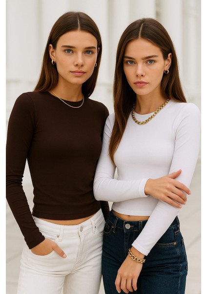 Kadın Beyaz-Kahverengi 2'li Paket Bisiklet Yaka Esnek Kumaşlı Vücuda Oturan Slim Fit Uzun Kollu Crop Body fiyatları