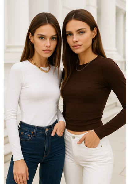 Kadın Beyaz-Kahverengi 2'li Paket Bisiklet Yaka Esnek Kumaşlı Vücuda Oturan Slim Fit Uzun Kollu Crop Body modelleri