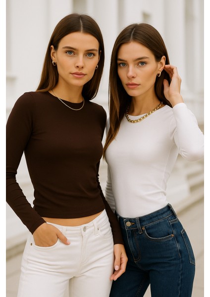 Kadın Beyaz-Kahverengi 2'li Paket Bisiklet Yaka Esnek Kumaşlı Vücuda Oturan Slim Fit Uzun Kollu Crop Body fırsatları