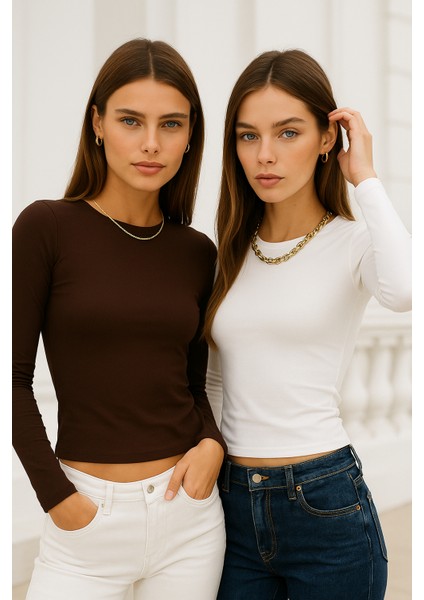 Kadın Beyaz-Kahverengi 2'li Paket Bisiklet Yaka Esnek Kumaşlı Vücuda Oturan Slim Fit Uzun Kollu Crop Body indirimleri