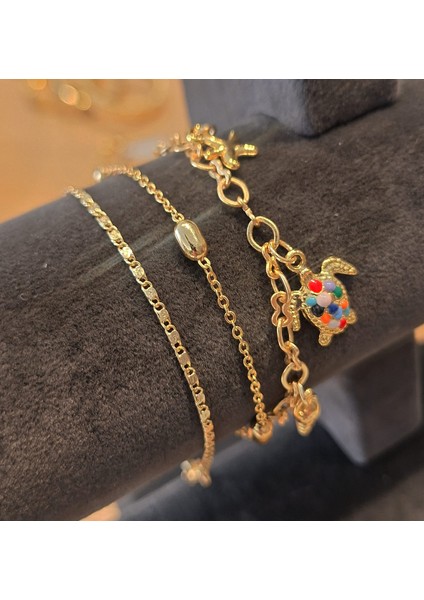 Renkli Kaplumbağa Detaylı Gold 3’lü Bileklik Seti