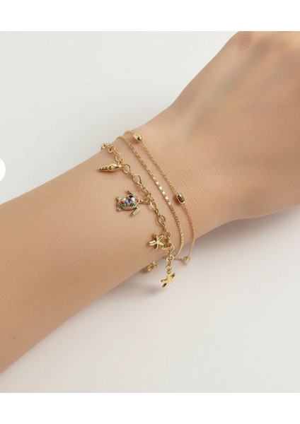 Renkli Kaplumbağa Detaylı Gold 3’lü Bileklik Seti modelleri