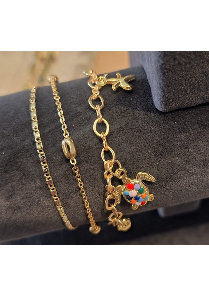 Renkli Kaplumbağa Detaylı Gold 3’lü Bileklik Seti
