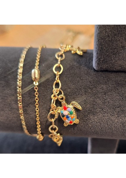 Renkli Kaplumbağa Detaylı Gold 3’lü Bileklik Seti