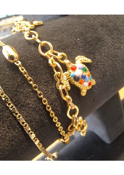 Renkli Kaplumbağa Detaylı Gold 3’lü Bileklik Seti
