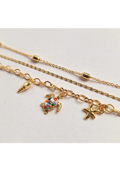 Renkli Kaplumbağa Detaylı Gold 3’lü Bileklik Seti