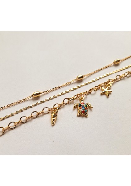 Renkli Kaplumbağa Detaylı Gold 3’lü Bileklik Seti