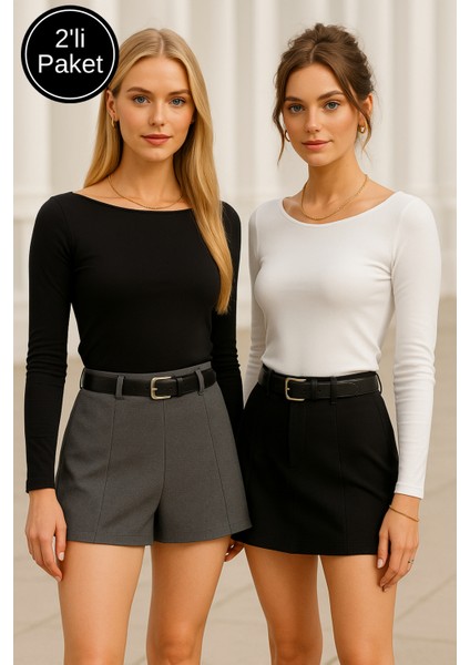 Kadın Siyah-Beyaz 2'li Paket Kayık Yaka Uzun Kollu Bluz
