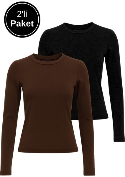 Kadın Siyah-Kahverengi 2'li Paket Bisiklet Yaka Esnek Kumaşlı Vücuda Oturan Slim Fit Uzun Kollu Crop Body