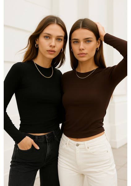 Kadın Siyah-Kahverengi 2'li Paket Bisiklet Yaka Esnek Kumaşlı Vücuda Oturan Slim Fit Uzun Kollu Crop Body fiyatları