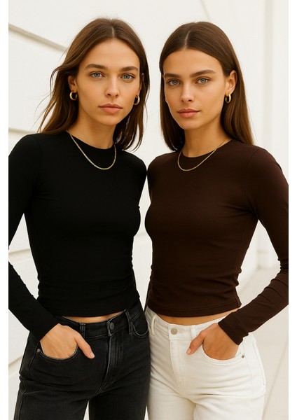 Kadın Siyah-Kahverengi 2'li Paket Bisiklet Yaka Esnek Kumaşlı Vücuda Oturan Slim Fit Uzun Kollu Crop Body modelleri